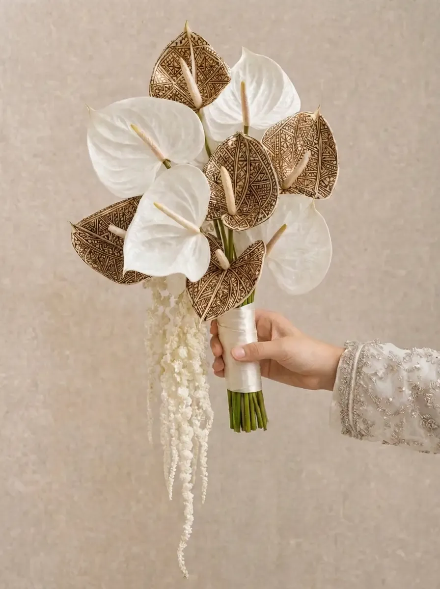 Bouquet d'anthuriums blancs et de spathes peintes au henné doré, amarante blanche retombante, tige liée d'un ruban de soie ivoire