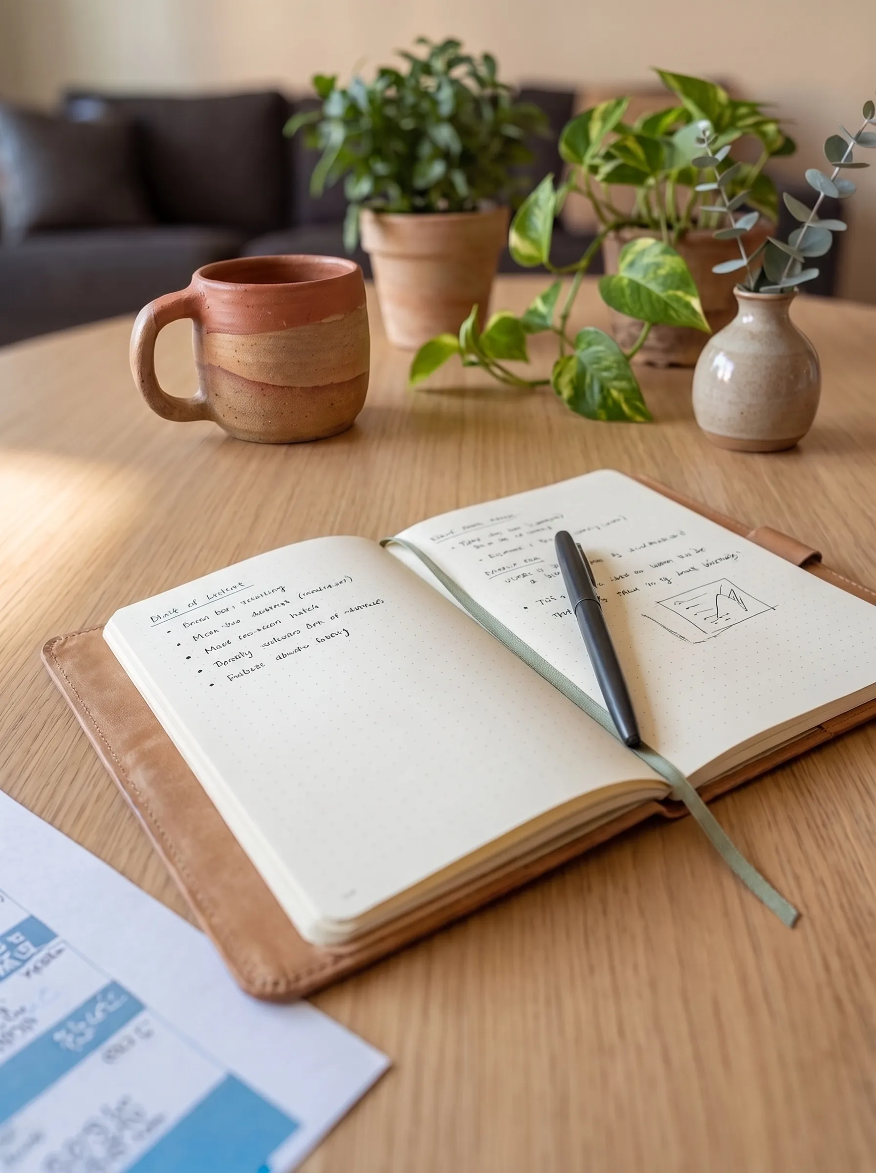 Carnet ouvert et annoté, stylo posé en travers, sur une table en bois clair : tasse en grès, plantes en pot et brin d'eucalyptus