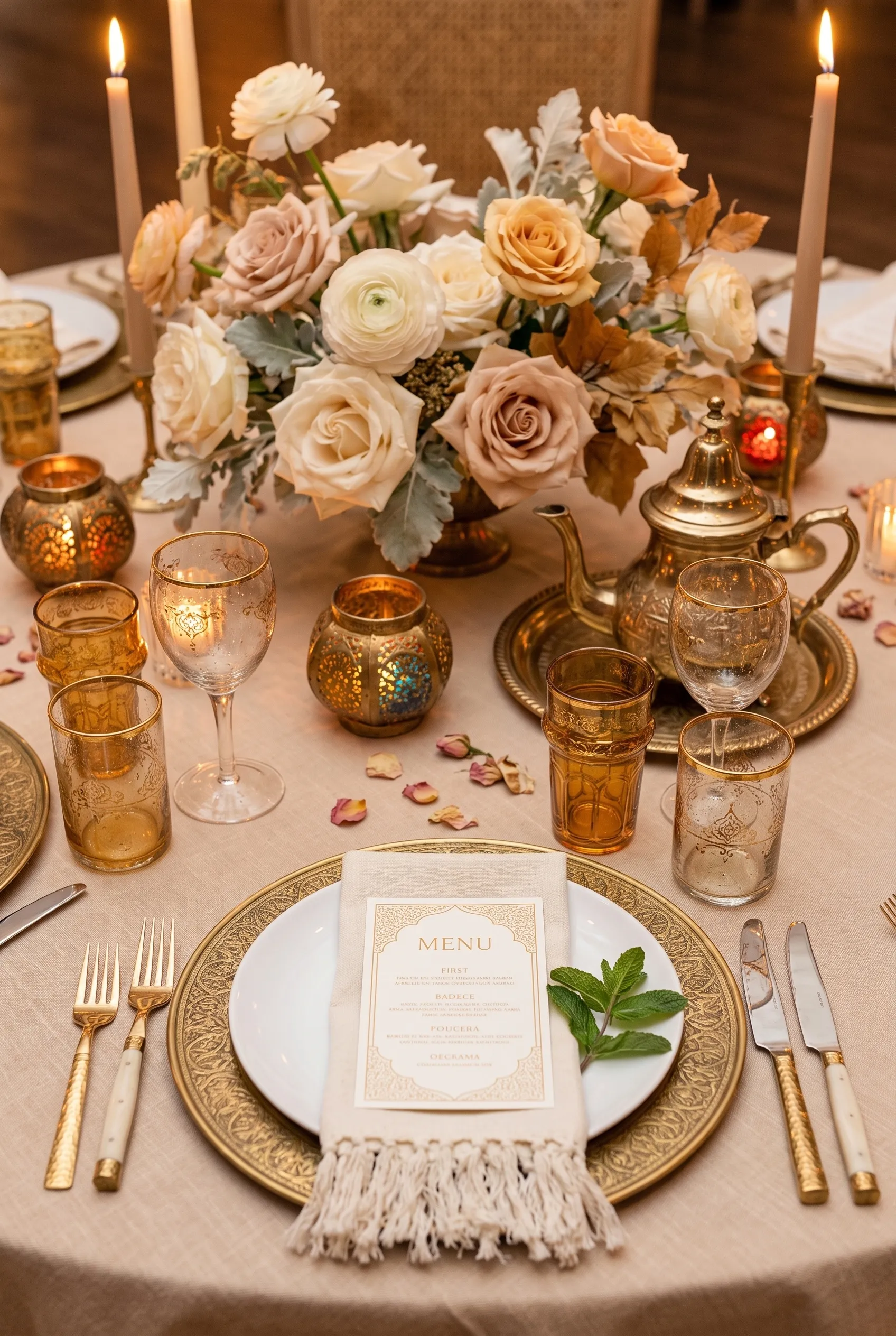 Dressage aux chandelles : sous-assiette en laiton ciselé, menu calligraphié sur serviette à franges, théière marocaine et verres à thé dorés, roses ivoire et poudrées