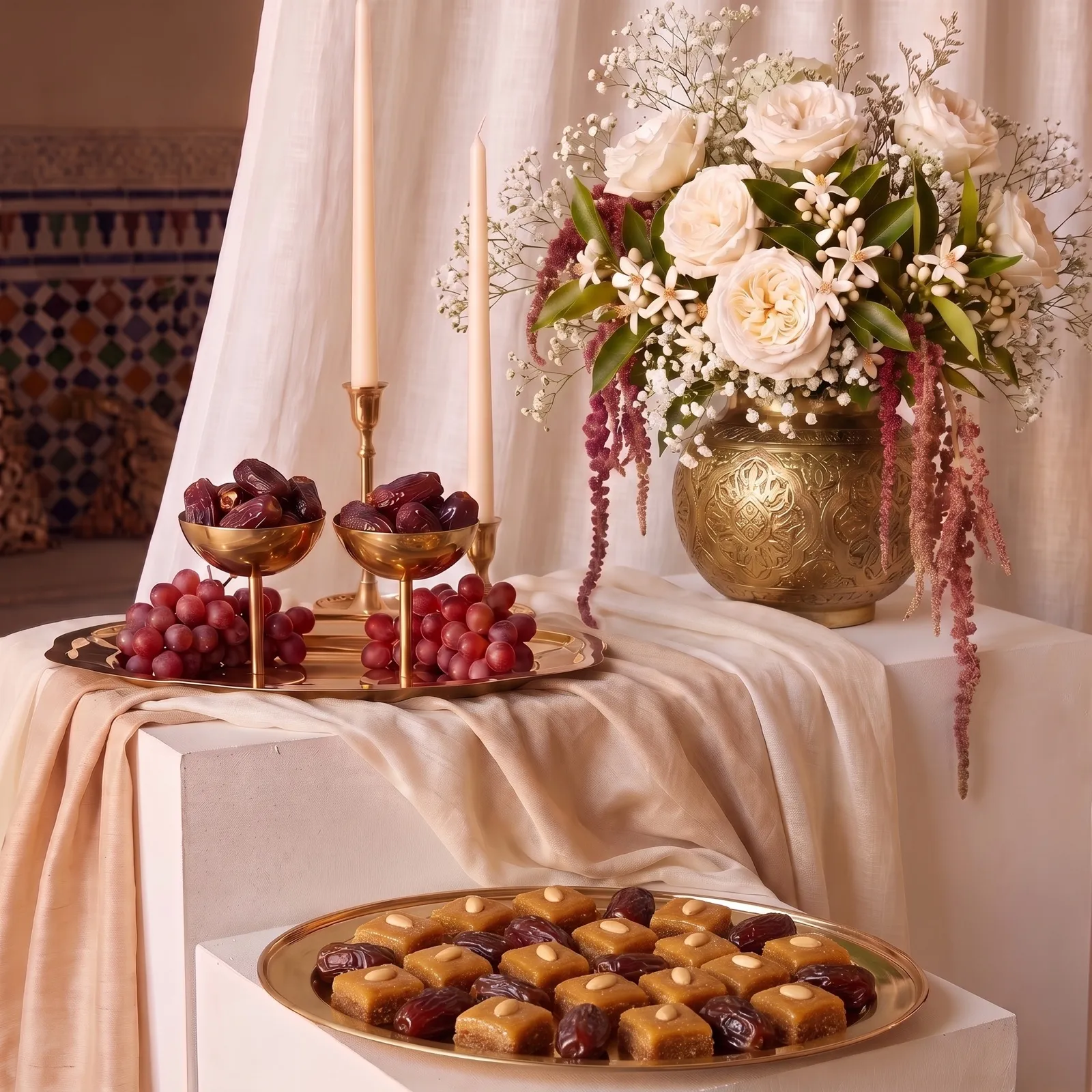 Plateau doré de losanges aux amandes et de dattes, coupes de dattes et grappes de raisin, bouquet de roses dans une urne en laiton