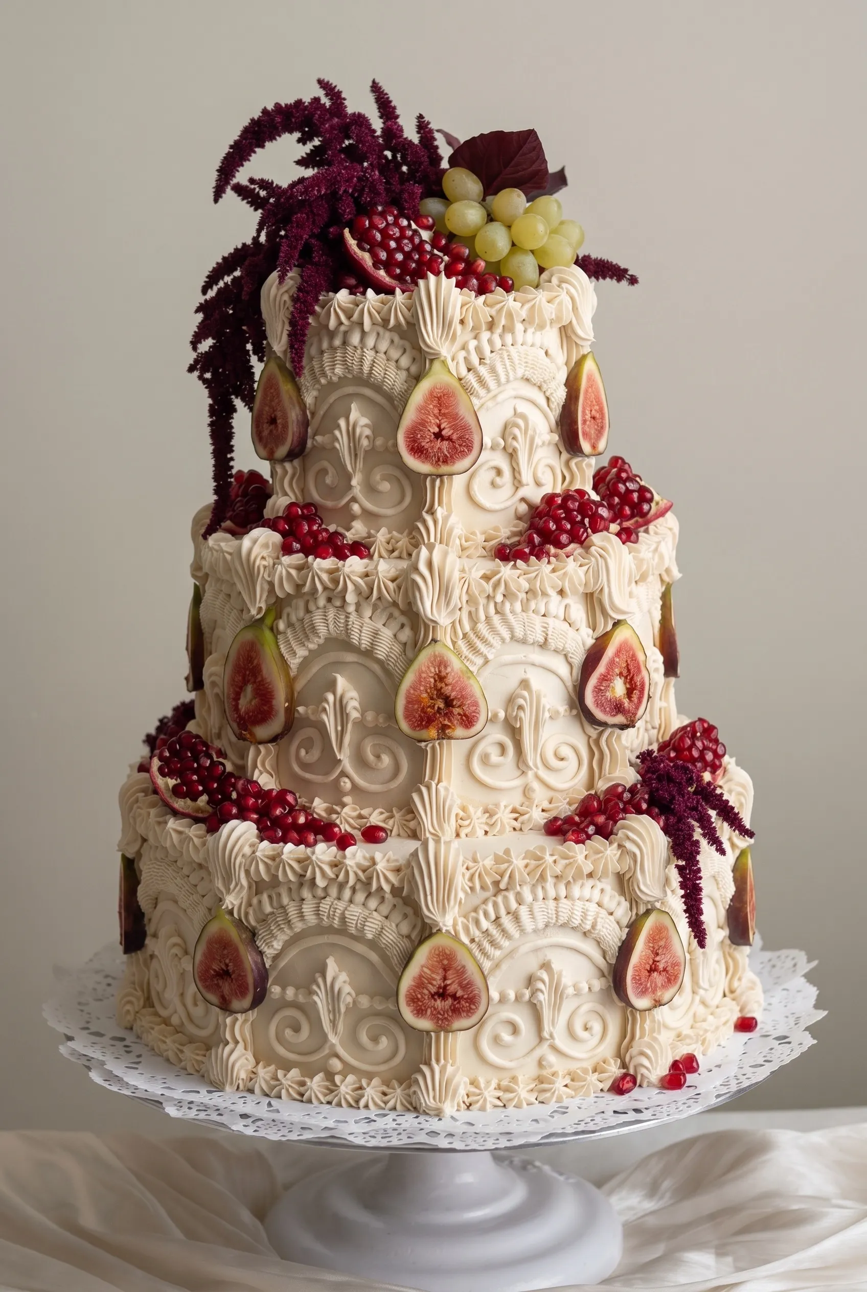Pièce montée à trois étages, glaçage ivoire travaillé à la douille, figues coupées, grains de grenade, raisin blanc et amarante pourpre