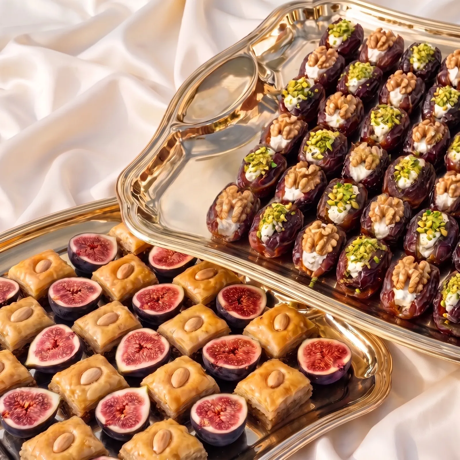 Plateaux dorés sur soie ivoire : dattes fourrées à la crème, aux noix et à la pistache, baklava aux amandes et figues fraîches coupées