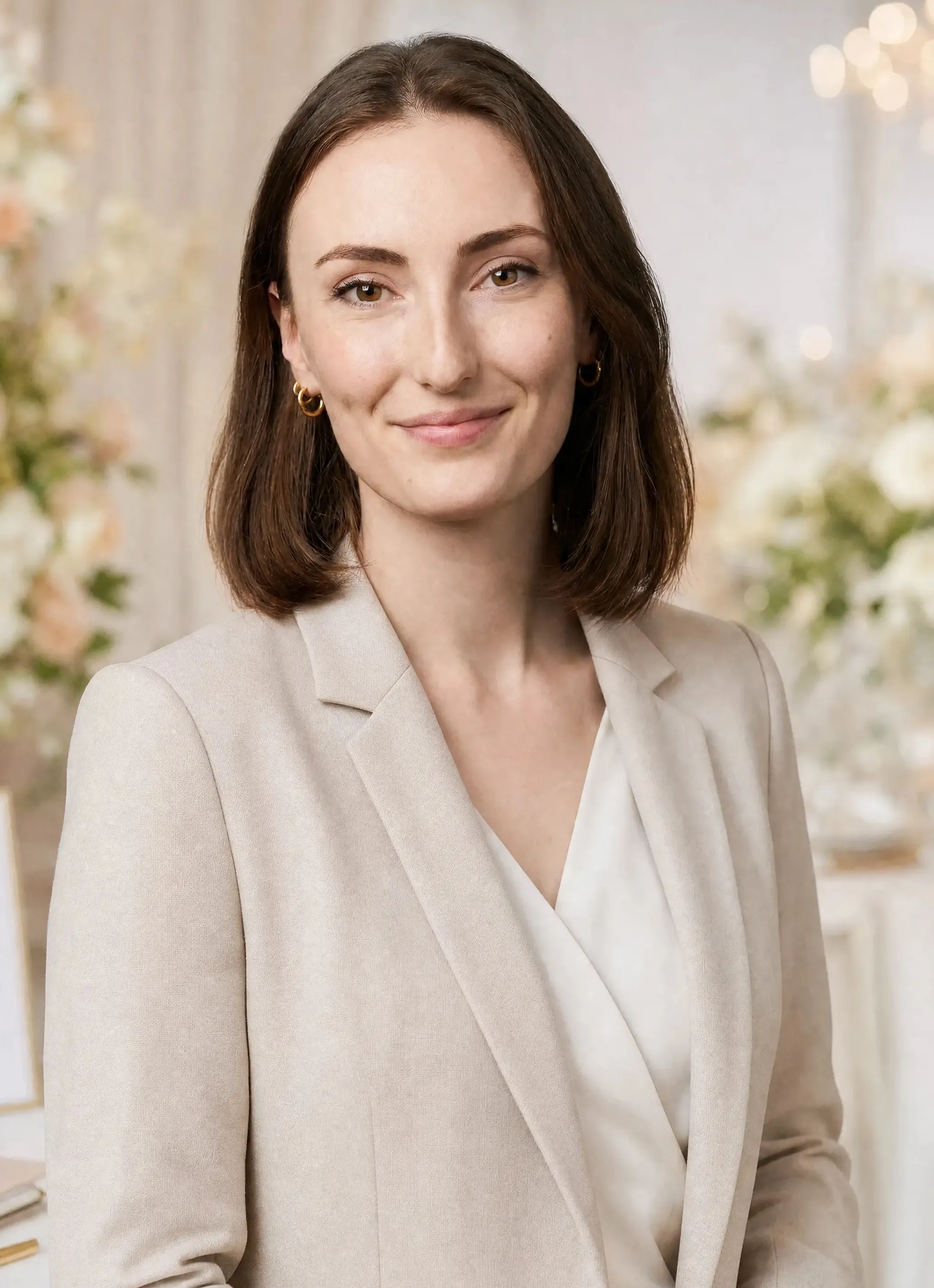 Portrait de la fondatrice de Studio Neroli, veste de lin écrue, devant un décor floral ivoire