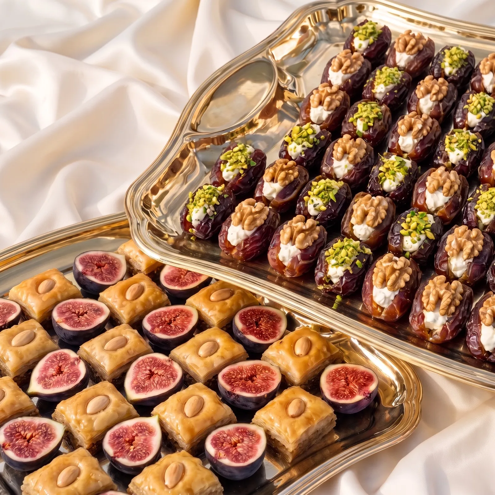 Deux plateaux dorés sur soie ivoire : dattes fourrées aux noix et à la pistache, baklava aux amandes et figues coupées